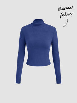 Cider - Thermal Cotton-blend Stand Collar Solid Long Sleeve Tee