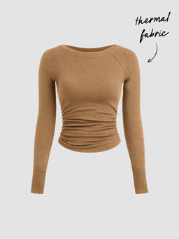Cider - Thermal Cotton-blend Boat Neck Solid Ruched Long Sleeve Tee