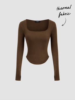 Cider - Thermal Cotton-blend Square Neck Solid Thumb Hole Long Sleeve Tee