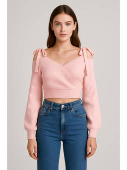 Cider - Knit V-neck Bow Wrap Oversized Crop Sweater
