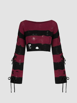 Cider - Knit Boat Neckline Striped Lace Up Ripped Crop Top