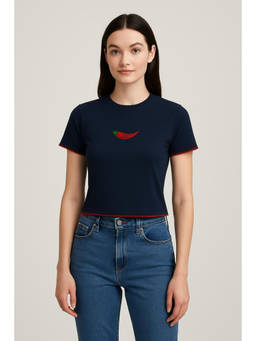 Cider - Round Neckline Pepper Embroidery Contrasting Binding Short Sleeve Tee
