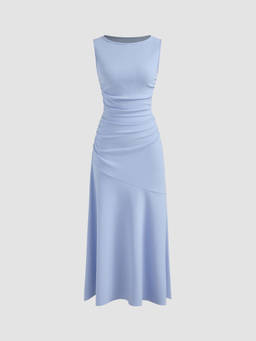 Cider - Boat Neck Solid Ruffle Ruched Maxi Dress