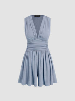 Cider - V-neck Solid Ruched Pocket Romper