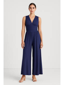 Cider - V-neck Ruched Solid Wide Leg Jumpsuit
