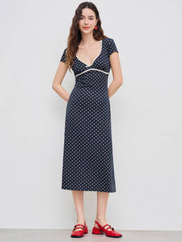 Cider - Knit V-neck Polka Dot Bowknot Midi Dress