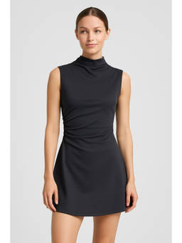 Cider - Turtleneck Sleeveless Ruched Mini Dress