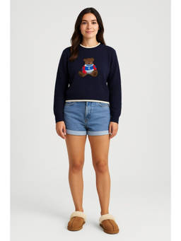 Cider - Round Neckline Graphic Bear Long Sleeve Sweater