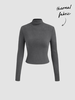 Cider - Thermal Cotton-blend Stand Collar Solid Long Sleeve Tee