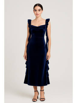 Cider - Velvet Cowl Neck Solid Ruffle Hem Maxi Dress