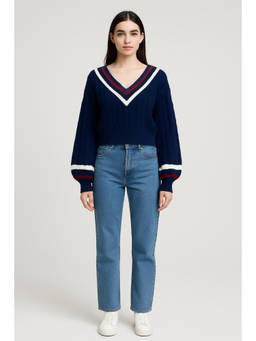 Cider - Cable Knit V-neck Solid Contrasting Binding Long Sleeve Top