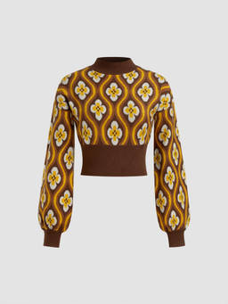 Cider - Knit High Neck Geometric Floral Sweater