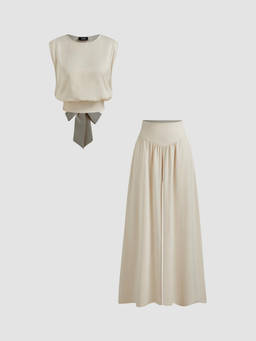 Cider - Satin Round Neckline Solid Knotted Top & Mid Rise Pocket Wide Leg Trousers Set