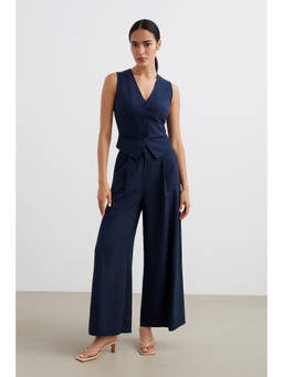 Cider - Cotton-blend V-neck Solid Button Vest & Mid Rise Pocket Wide Leg Trousers
