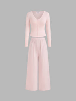 Cider - Long Sleeve Button Top & Middle Waist Trousers Loungewear Set