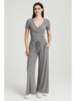 Cider - V-neck Ruched Top & Mid Rise Elastic Waist Knotted Straight Leg Trousers (Set of 2)