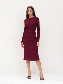 Cider - Boat Neck Ruched Bell Sleeve Dress