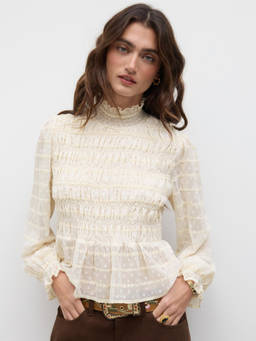 Cider - High Neck Shirred Lettuce Trim Long Sleeve Blouse