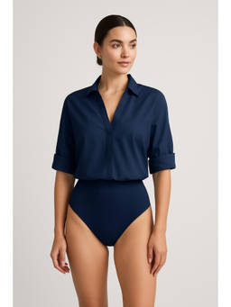 Cider - 100% Cotton Collar Roll-up Sleeve Shirt Bodysuit
