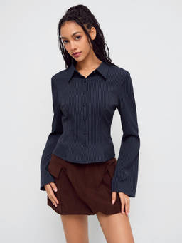 Cider - Collar Striped Cinched Waist Bell Sleeve Shirt