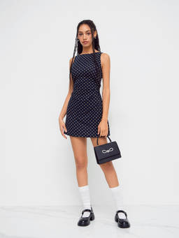 Cider - Boat Neck Polka Dot Ruched Mini Dress