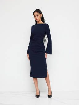 Cider - Boat Neck Ruched Bell Sleeve Maxi Dress
