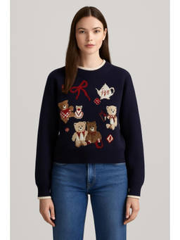 Cider - Knit Round Neckline Bear Bowknot Contrasting Binding Long Sleeve Top