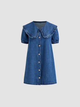 Cider - Denim Peter Pan Collar Button Through Smock Puff Sleeve Mini Dress