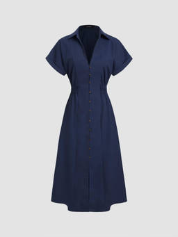 Cider - Linen-blend Collar Solid Shirred Button Midi Shirt Dress