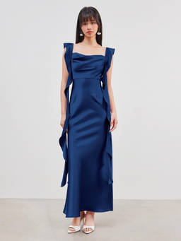 Cider - Satin Cowl Neck Solid Ruffle Hem Maxi Dress