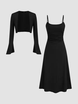 Cider - Ruched Solid Cami Maxi Dress & Solid Long Sleeve Shrug