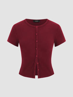 Cider - Round Neckline Solid Button Short Sleeve Top