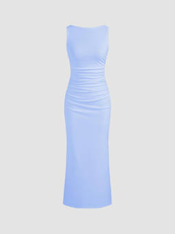 Cider - Boat Neck Solid Ruched Split Maxi Dress