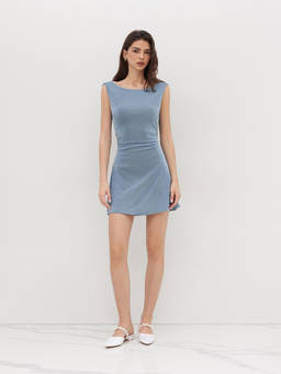 Cider - Boat Neck Backless Chain Detail Ruched Mini Dress
