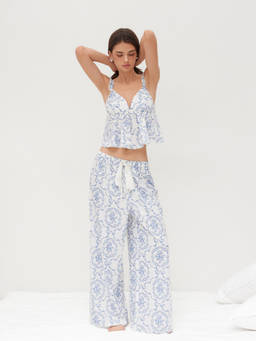 Cider - V-neck Floral Bowknot Tank Top & Mid Rise Drawstring Trousers Loungewear