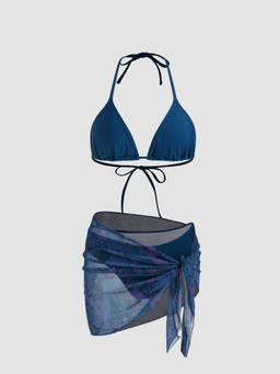 Cider - Halter Triangle Bikini Top with Bottom With Floral Sarong