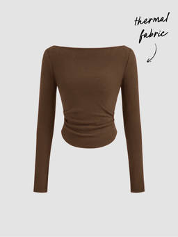 Cider - Thermal Cotton-blend Boat Neck Solid Ruched Long Sleeve Tee