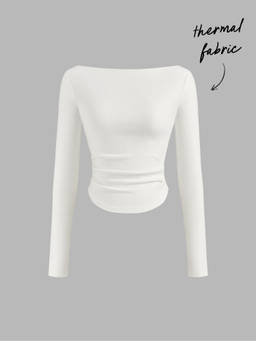 Cider - Thermal Cotton-blend Boat Neck Solid Ruched Long Sleeve Tee