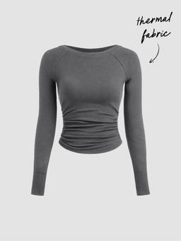 Cider - Thermal Cotton-blend Boat Neck Solid Ruched Long Sleeve Tee