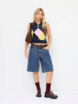 Cider - Knit V-neck Argyle Pattern Contrasting Binding Vest