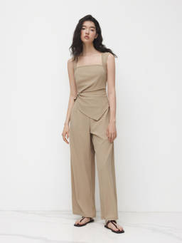 Cider - Square Neck Asymmetrical Hem Ruched Jumpsuit