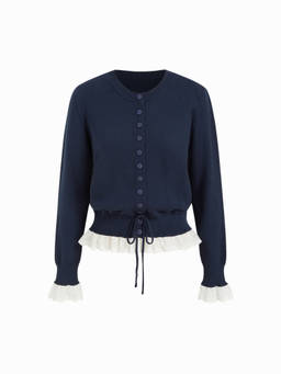 Cider - Knit Two Tone Ruffle Trim Drawstring Knotted Cinched Waist Cardigan