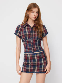 Cider - Cotton Plaid Collar Short Sleeve Blouse & Mid Rise Lace Trim Bowknot Mini Skirt