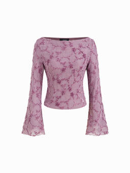 Cider - Boat Neck Applique Floral Lettuce Trim Bell Sleeve Blouse