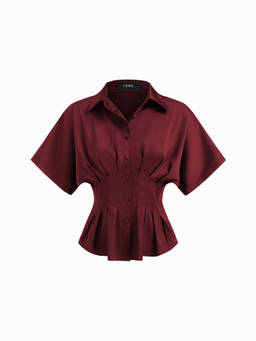 Cider - Satin Collar Pleated Cinched Short Sleeve Shirt