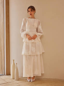 Cider - Round Neckline Floral Embroidery Layered Dress
