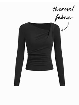 Cider - Thermal Cotton-blend Asymmetrical Neck Long Sleeve Ruched Top