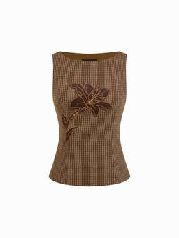 Cider - Tweed Floral Applique Check Boat Neck Top