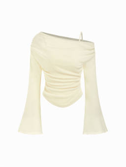 Cider - Asymmetrical Neck Ruched Lettuce Trim Top