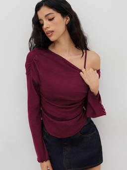 Cider - Asymmetrical Neck Ruched Lettuce Trim Top
